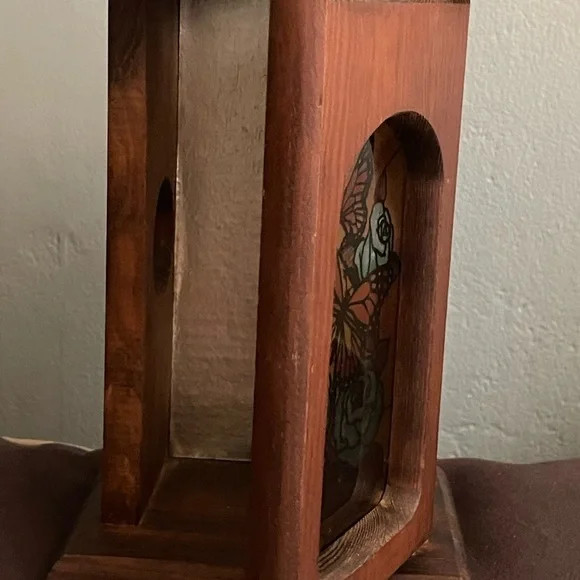 Vintage Wooden Box Stained Glass Butterfly Candle Holder - Picture 5 of 6